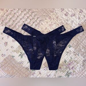 PINK Victoria's Secret Navy Blue Lace Bling Thongs